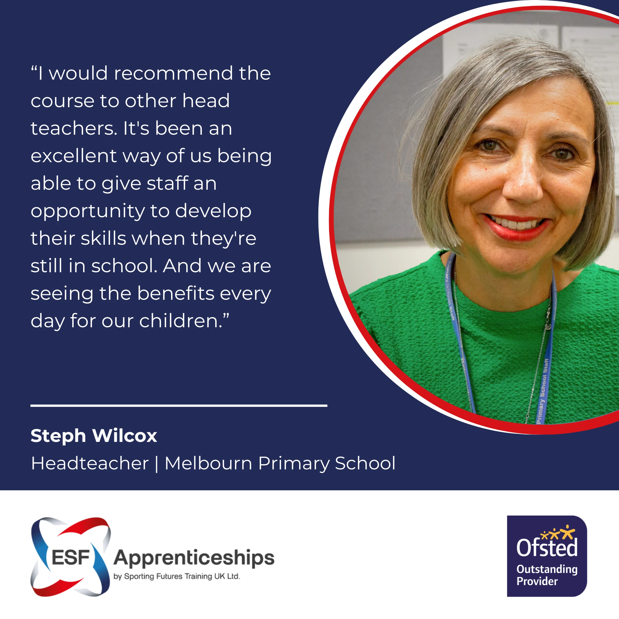a testimonial from steph wilcox and a headshot